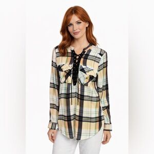 Entro Plaid Lace Up Blouse Anthropologie Style Top Boho Western Pocket Shirt